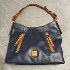Dooney &‎ Bourke Navy Blue Leather Hobo Shoulder Bag Tan Accents Gold Hardware